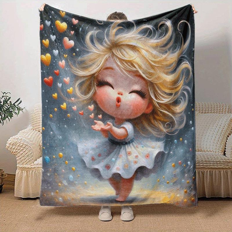1pc Love Printing Lightweight Flannel Blanket, Comfortable and Warm Blanket, for Camping Sofa Bed and Couch Office, in All Seasons