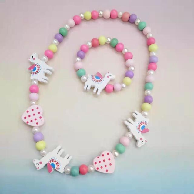 2pcs/Set Fashion Natural Wood Beads Jewelry Cute Animal Pattern Necklace Bracelet For Children Party Jewelry Girl Birthday Gift