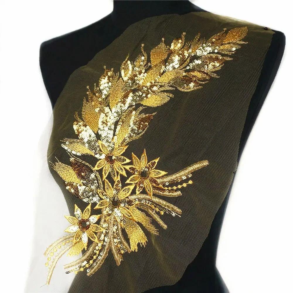 Blue Black Gold Sequined Embroidery Patches Lace Trims Mesh DIY Lace Fabrics Applique Sequins Patches