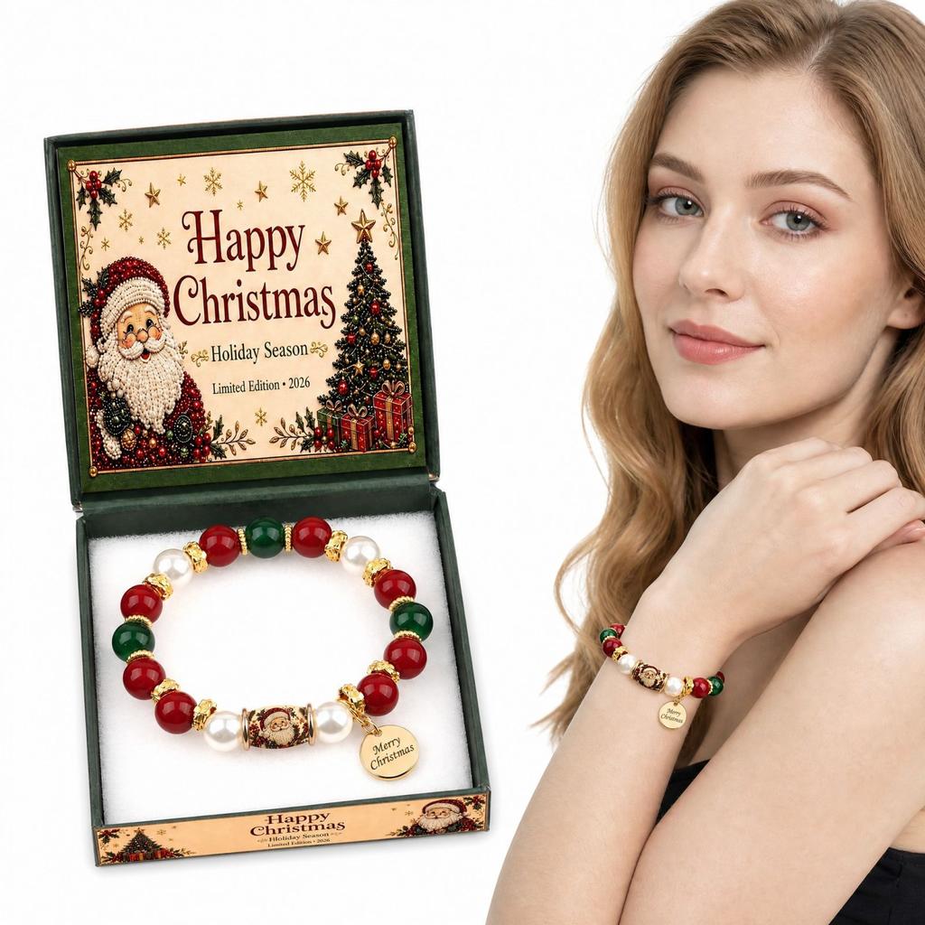 Personalized Custom Engraved Christmas Theme Bracelet with and Natural, Holiday Jewelry Gift