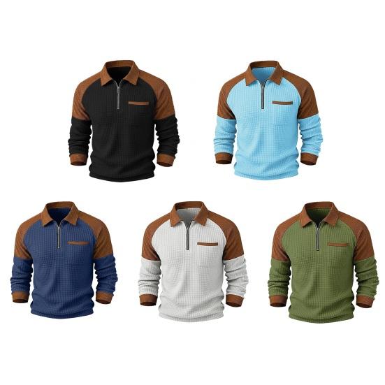 Men Sweatshirt Lapel Zipper Half Placket Long Sleeve Loose Fit Casual Tops Contrast