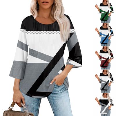 Women's 3/4 Bell Sleeve Tops O-Neck Summer Pleated Shirts Trendy Dressy Casual Loose Fit Tunic Blouses