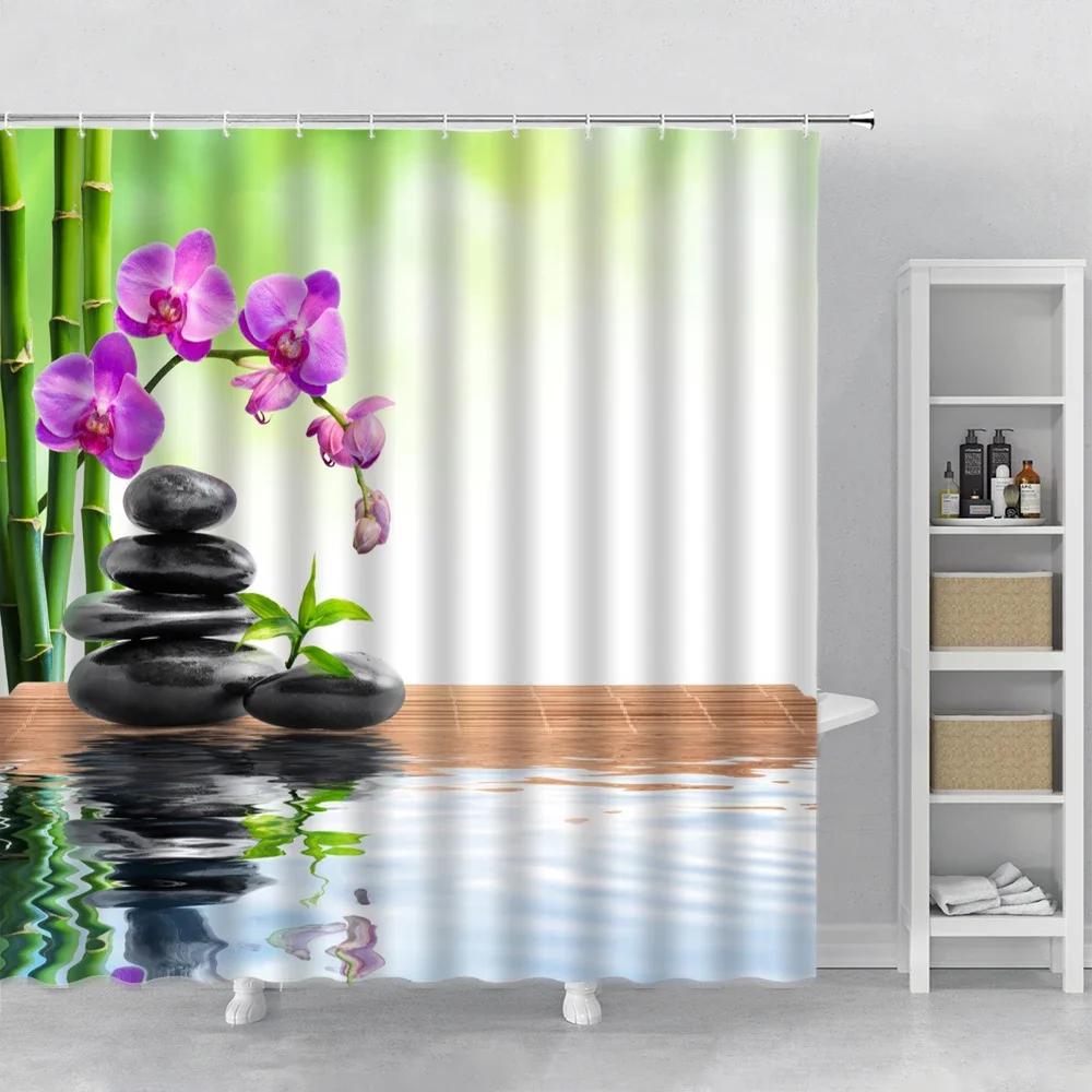 Zen Garden Shower Curtain Spa Green Bamboo Black Stone White Flower Bathroom Decor Supplies Bath Curtains Sets Polyester Fabri