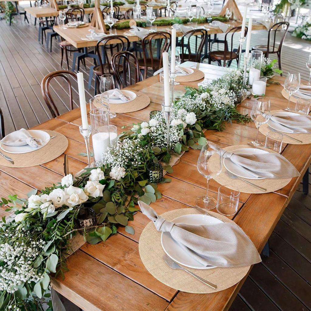 Bohemian Burlap Round Placemats, Farmhouse Style Luxury Jute Table Mats, 12 Inch Diameter, Reusable, Wedding Table Decor Tableware Mats