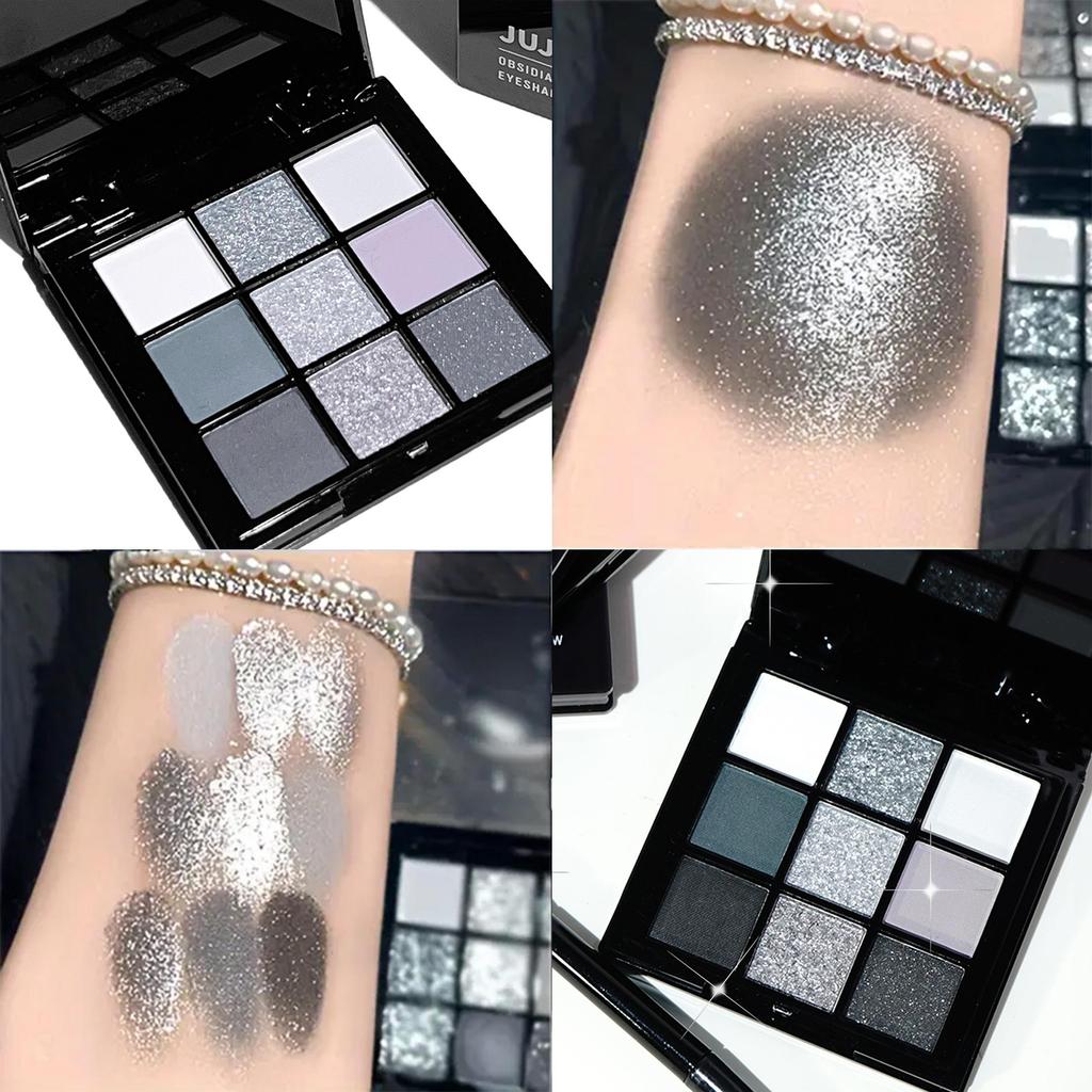 9-farbige Lidschattenpalette: Black Swan, Smoky, Dunkelschwarz, Silber Grau Glitzer, Mattes Finish, Langanhaltend und einfach zu colorieren