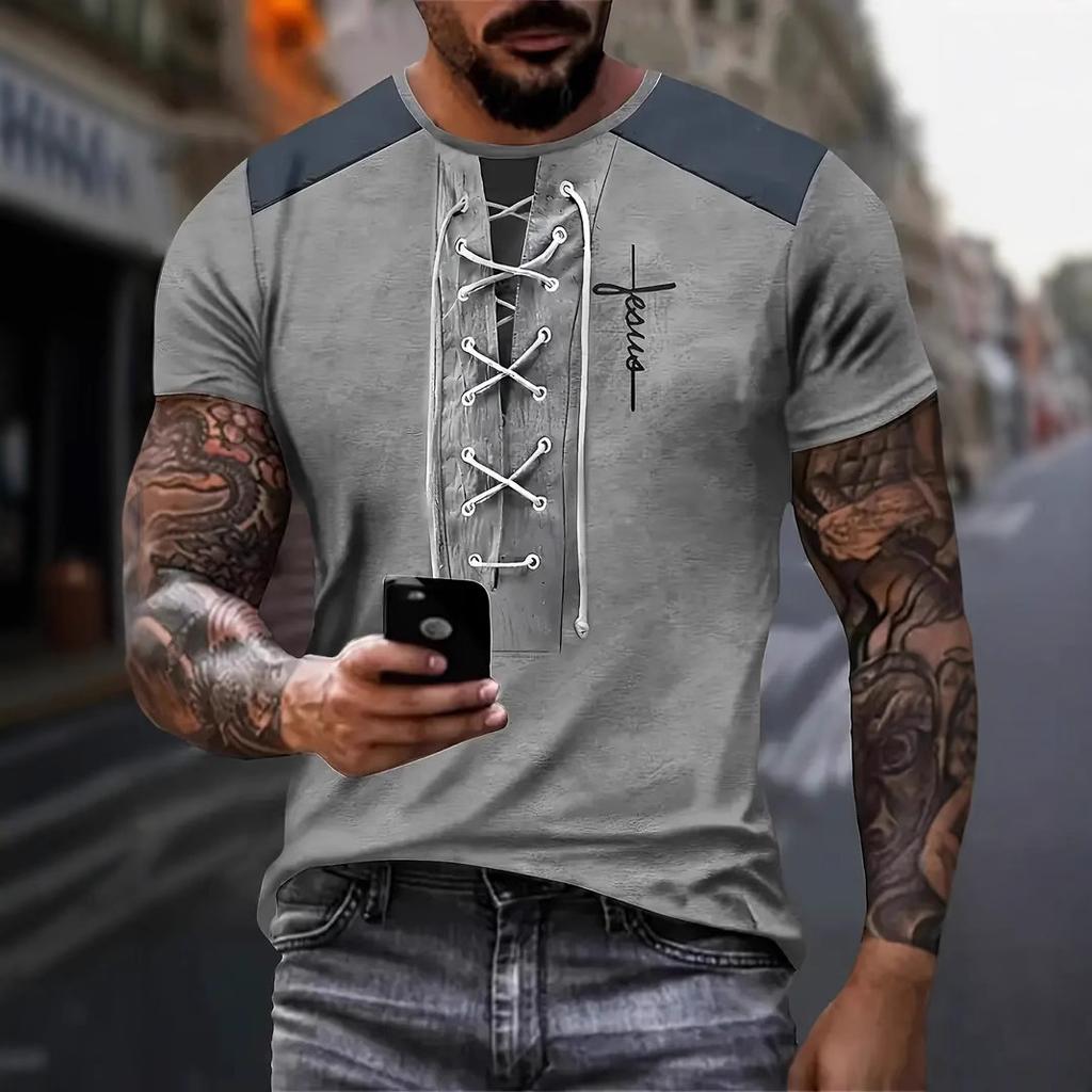 Sommar Rund Hals 3D Falsk Tvådelad Tryckt Topp Mode Casual Kortärmad Herr T-shirts