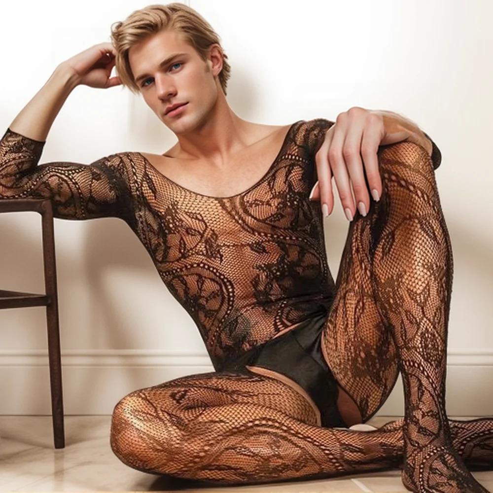 Husband Night Club Wear Male Nightwear Sissy Gay Fishnet Bodysuit O Neck One-piece Jumpsuit Male Porn Underwear Fashion Lingerie