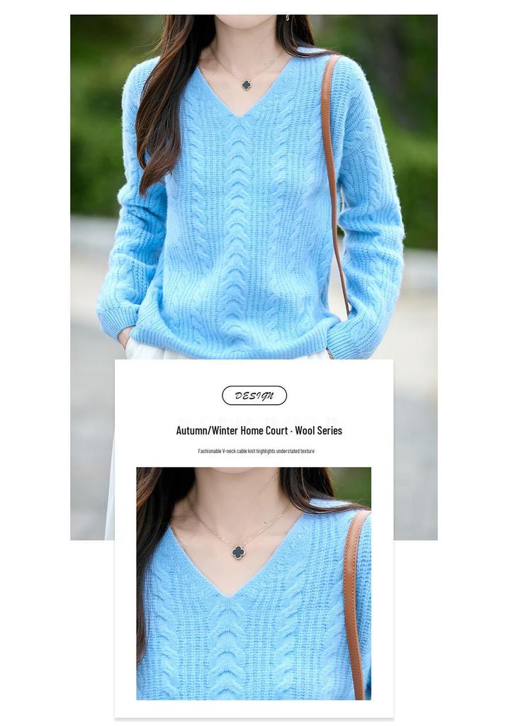 Women's Loose V-Neck Cable Knit Wool Sweater - 100% Pure Cozy Knitwear for Autumn/Winter