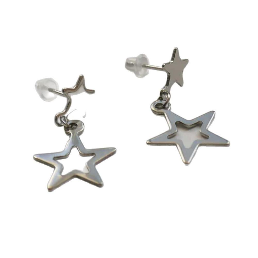 Fashion Simple Silver Color Stainless Steel Hollowed-out Five-pointed Star Pendant Star Stud Earrings for Women Piercing Jewelry