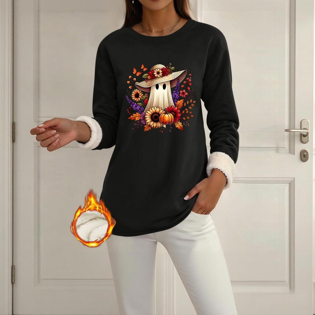 Women's Long Sleeve Pullover Round Neck Halloween Print Winter Casual Top