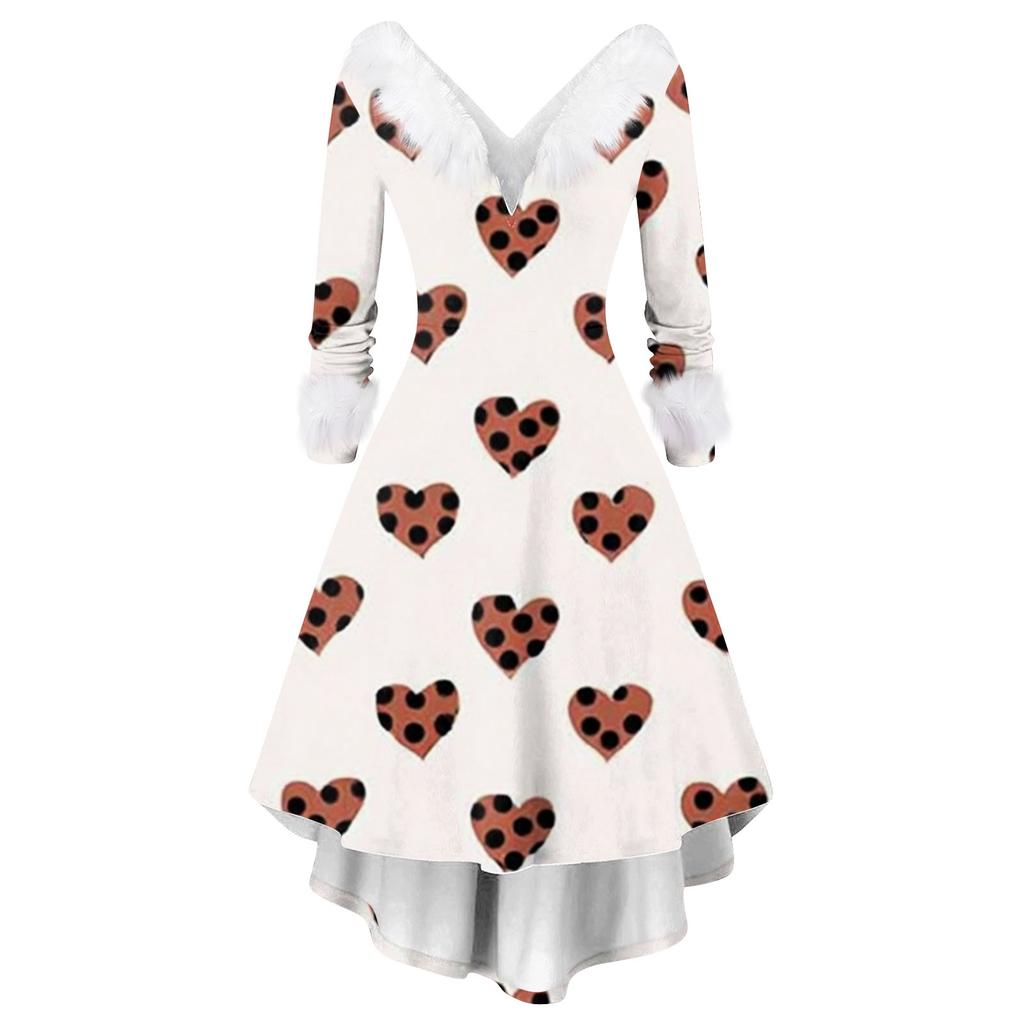 Damen stilvolles und elegantes langärmeliges V-Ausschnitt Kleid mit Valentinstags-Herzprint