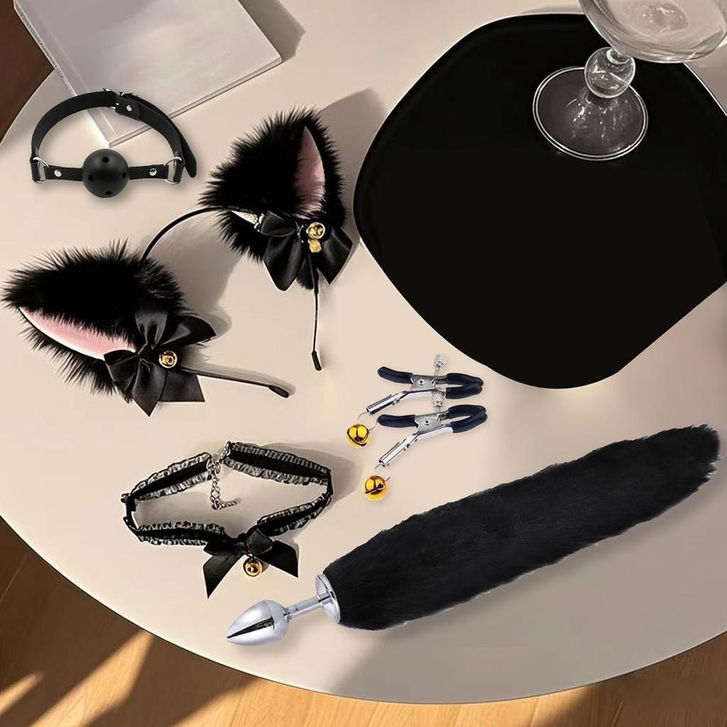 Sexy Backyard Anal Plug, Plush Cat Ears Headband, Collar, and Nipple Clamps—BDSM Bondage Set Sex Toys