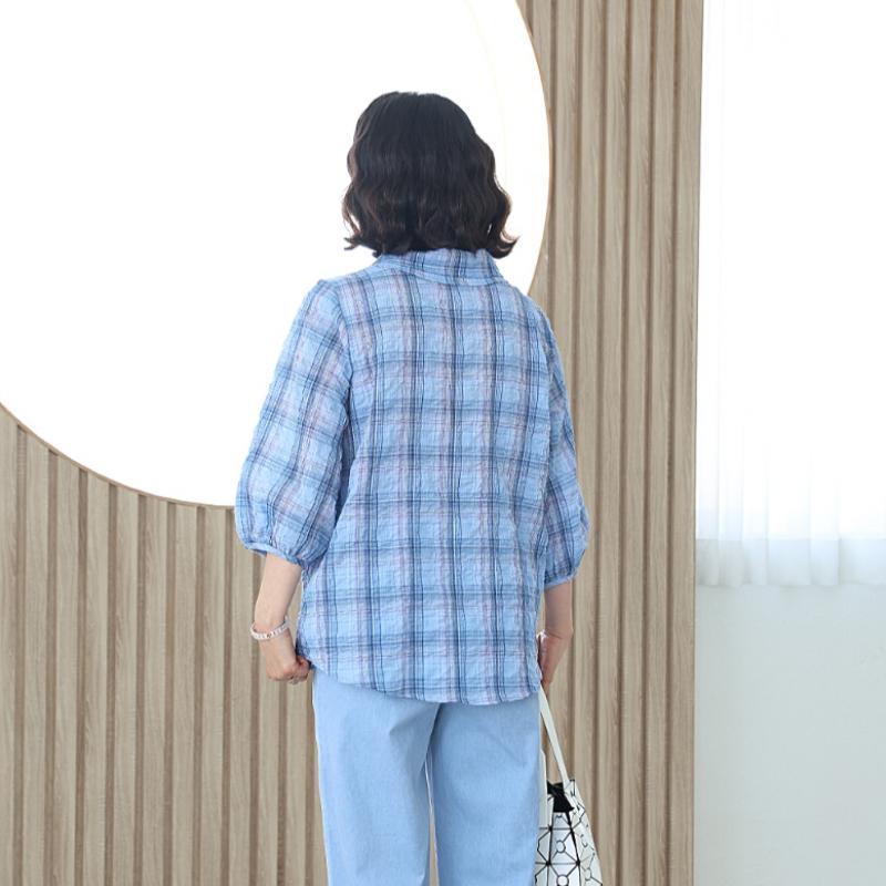Shiz Madam 7 8 Balloon Sleeve Shirt Cool Check T57547