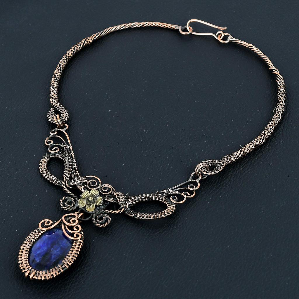 Blue Sapphire Necklace, Handmade Gemstone Necklace, 999 Copper Wire Wrapped Necklace Antique Jewelry, For Engagement Gift