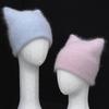 Autumn and winter new solid color cat ear angora long rabbit hair with small sequins warm wool hat knitted hat