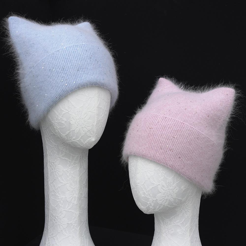 Autumn and winter new solid color cat ear angora long rabbit hair with small sequins warm wool hat knitted hat
