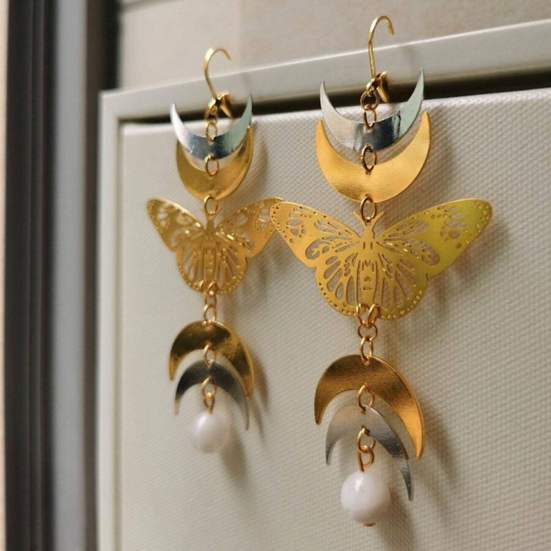 Bohemian Hypoallergenic Gold & Silver Moon Butterfly Earrings