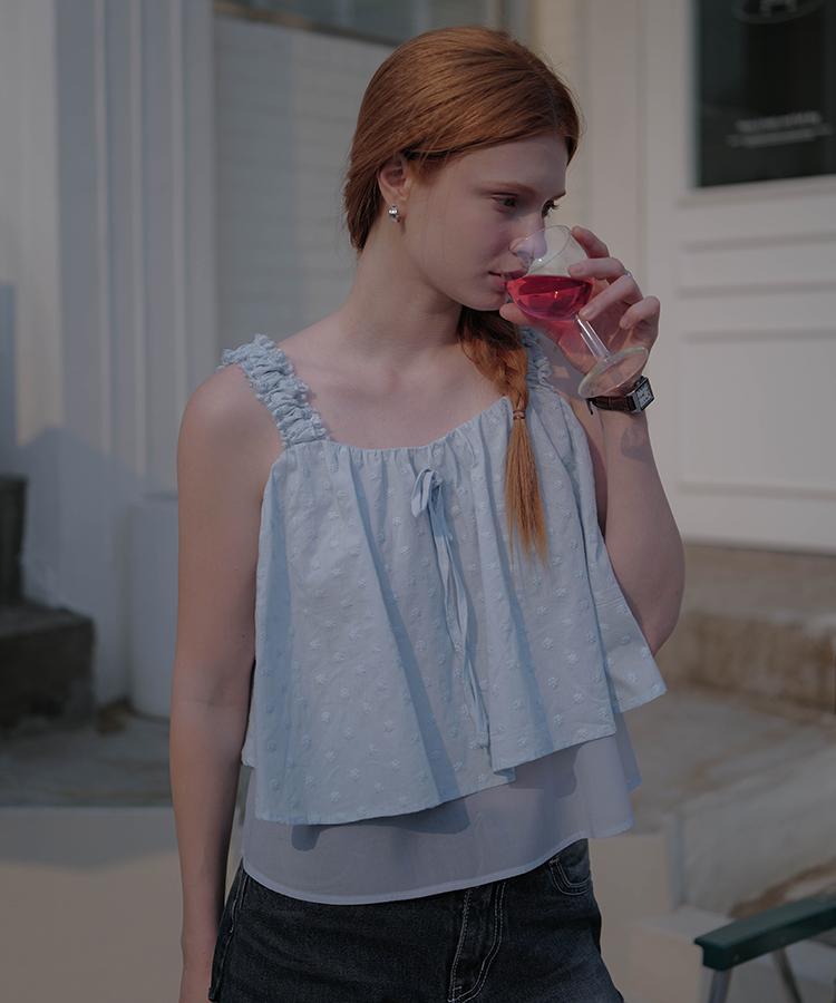 DEHEVE Flower Layered Sleeveless Blouse [Blue]