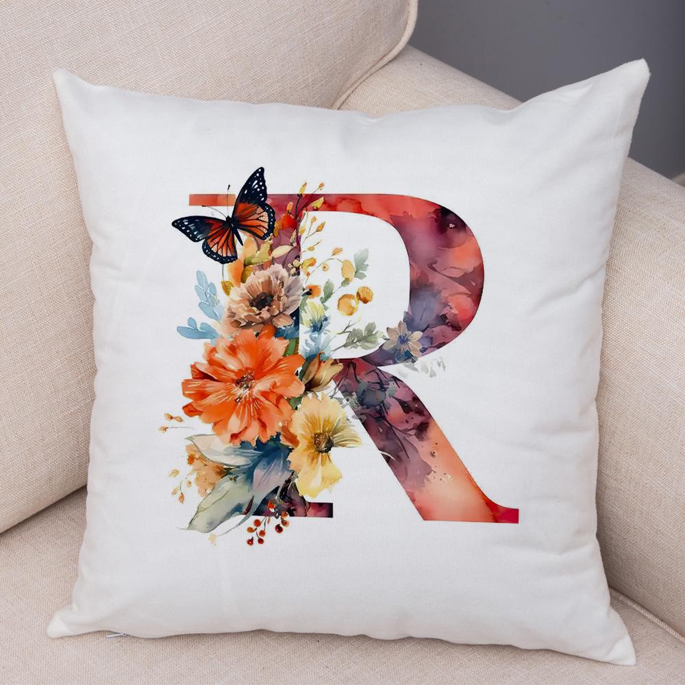 Floral Letter J Pillowcase Double Print Watercolor Letter U Cushion Cover Soft Plush Flower Letter D Pillowcase for Sofa Home