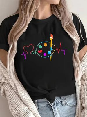 Breathable Round Spring Summer Fashion Casual Seasonal Fashion Women's Casual Sleeve T-Shirt Paint Palette Geometric Print
