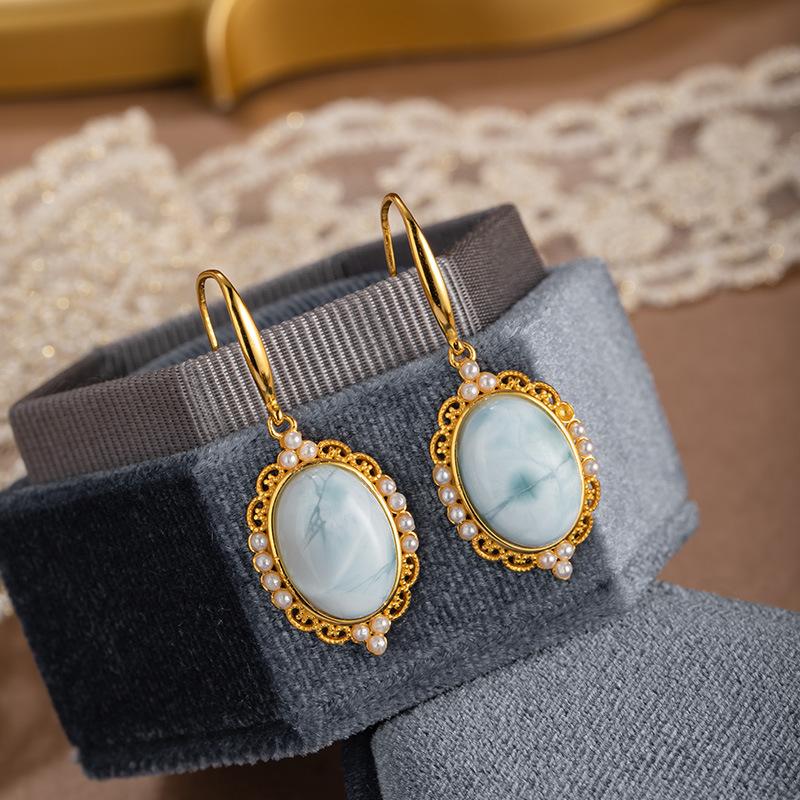 Natural Sea Pattern Stone Sterling Silver S925 Earrings Women's Exquisite Versatile Temperament Fashion French Retro Earrings