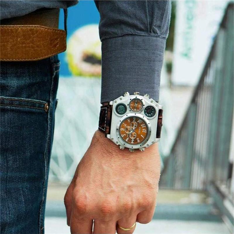 Oulm Fashion Casual Men's Watch Night Light Dual Time Zone Large Dial Leather Strap Men's Quartz Watch reloj hombre