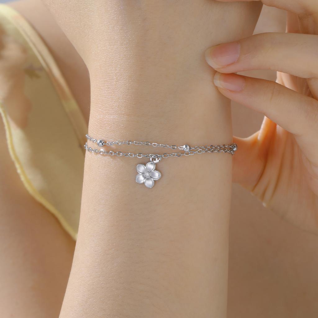 Teamer Bohemian Flower Charm Bracelet Stainless Steel Adjustable Double Layer Beads Chain For Women Fashion Sweet Jewelry Gift