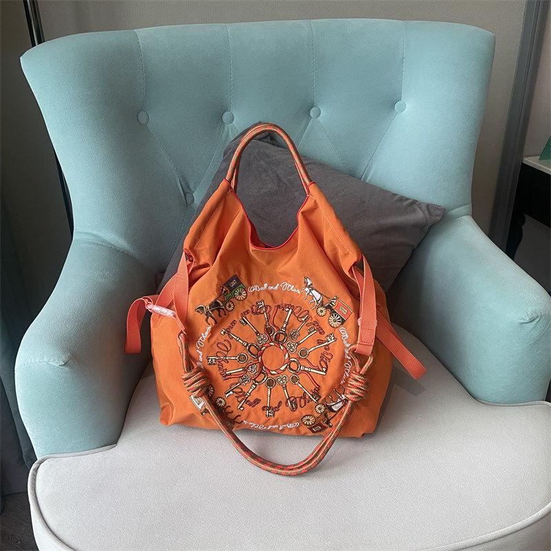 Niche Eco-Friendly Embroidered Nylon Shopping Tote - Handheld/Shoulder/Crossbody Bag with Artisanal Flair