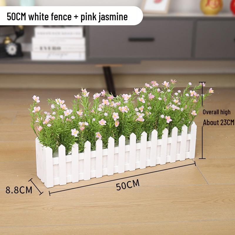 Silk Flower Pot with Wood Fence: Decorative Bonsai for Living Room or Office.