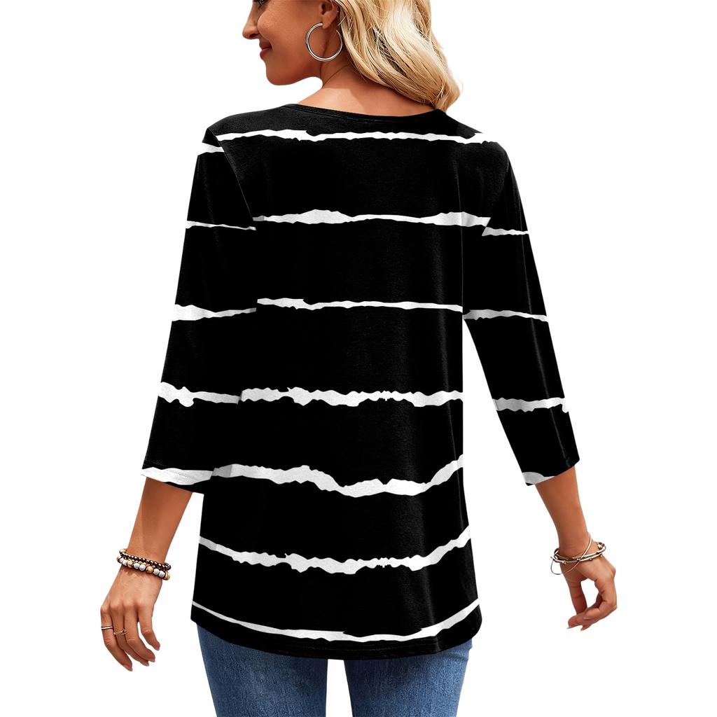 Women's Casual Striped Print V-Neck Three-Quarter Sleeve Blouse