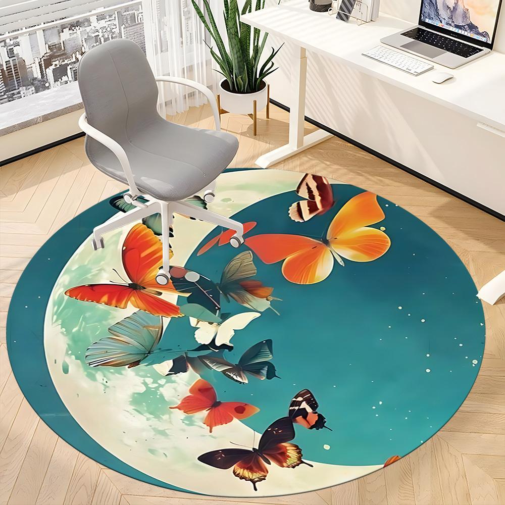 1pc Butterfly Moon Office Round Area Rug, Indoor Mat Suitable ForOffice, Under Office Chairs Bedroom Living Room Home Decor, Room Deco  D075