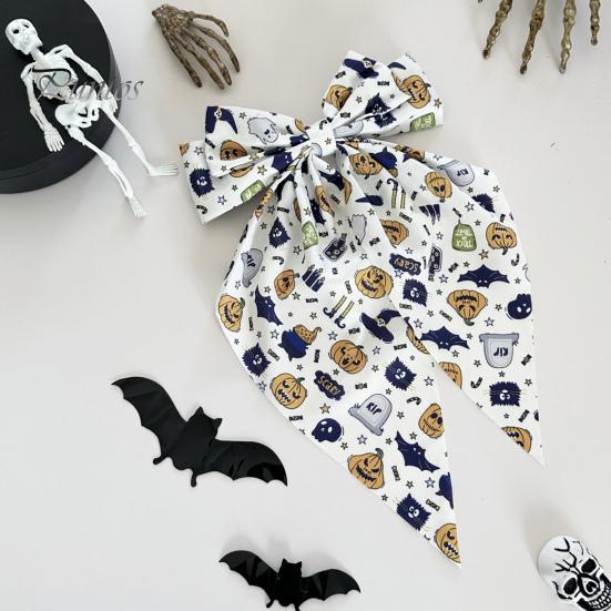 Pumpkin Print Bow Barrette Halloween Silky Satin Hair Bows, Big Ribbon Clips, Oversized Dynamic Long Tail Barrettes, Cute Accessories for Women Girls