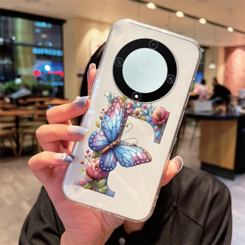 For Honor X9b X9a X9c Magic5 6 7 Lite Blue Butterfly Flower Letters A-Z Transparent Clear Women Phone Case Silicone Bumper Cover