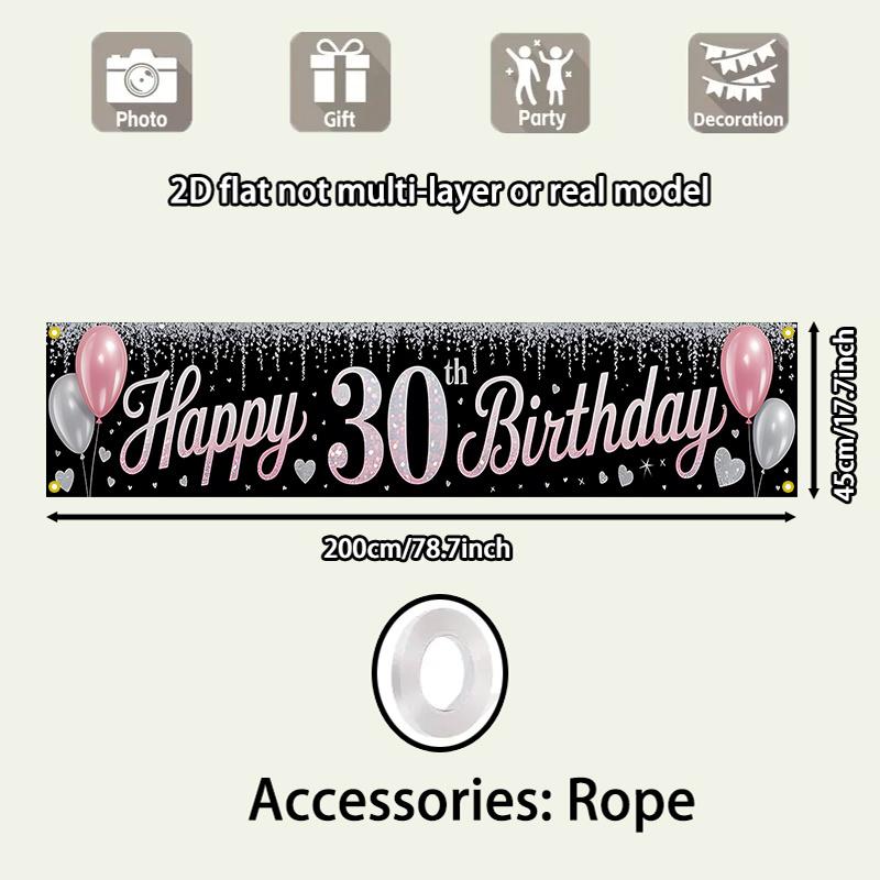30th Birthday Celebration Backdrop Courtyard Banner, 4 Pre-Drilled Holes with Ropes, Polyester Outdoor Fence Decoration