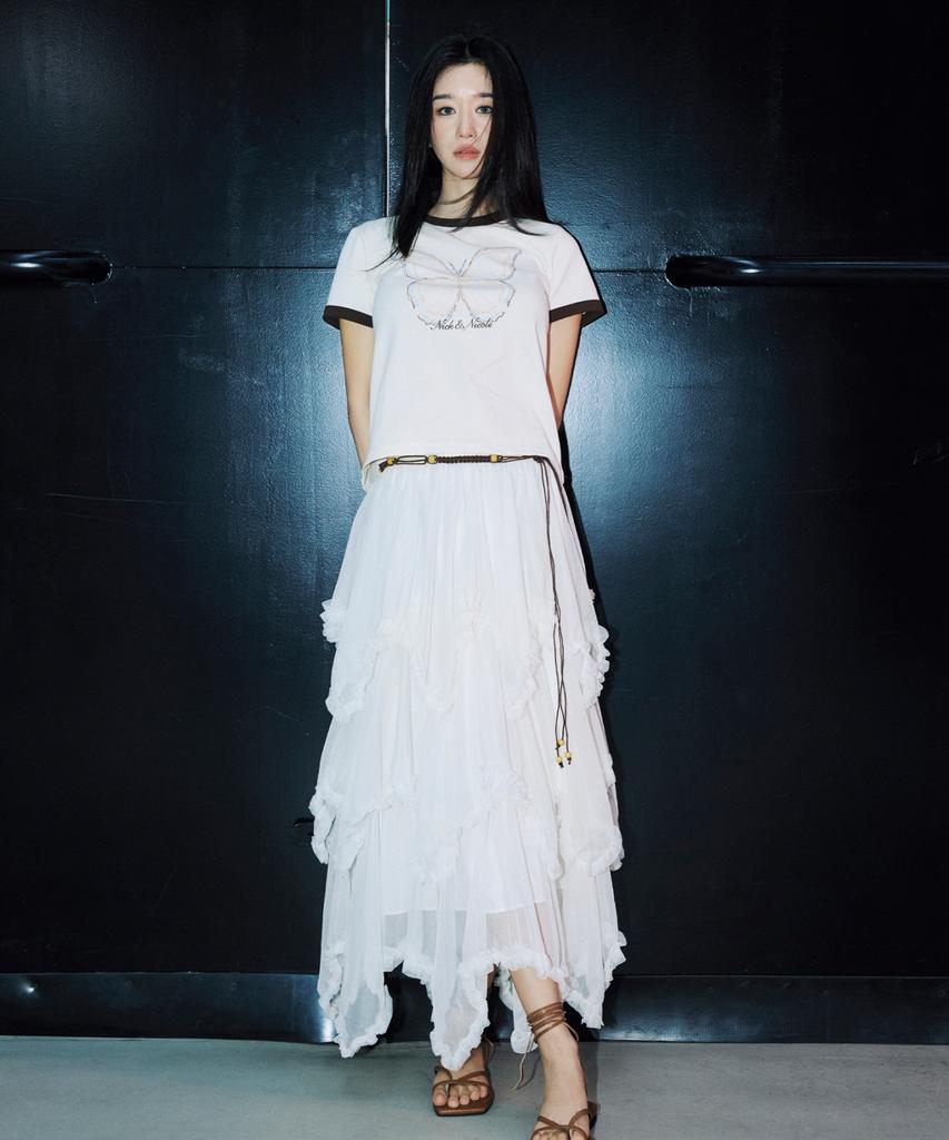 Nigaennikol Layered Frill Tulle Long Skirt_Ivory