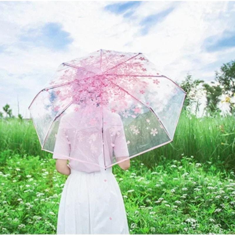 Fashionable Sakura Fresh Transparent Petal Umbrella with 8 Bones Fully Automatic 3-Fold Girls' Travel Umbrella Durable Sturdy