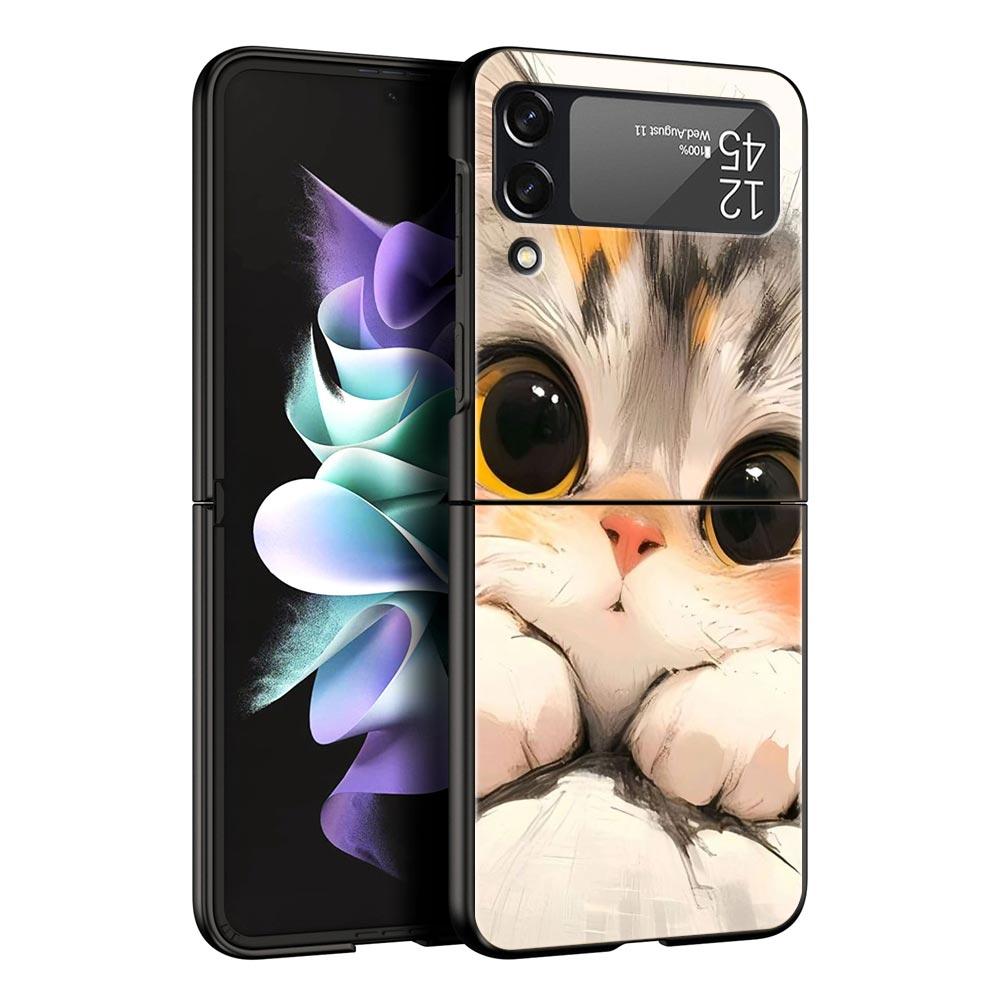 Cute Cat Hard PC Phone Case For Samsung Galaxy Z Flip 7 6 5 4 Black Cover For Galaxy Z Flip 3 Foldable Fundas Shell Capas Bags