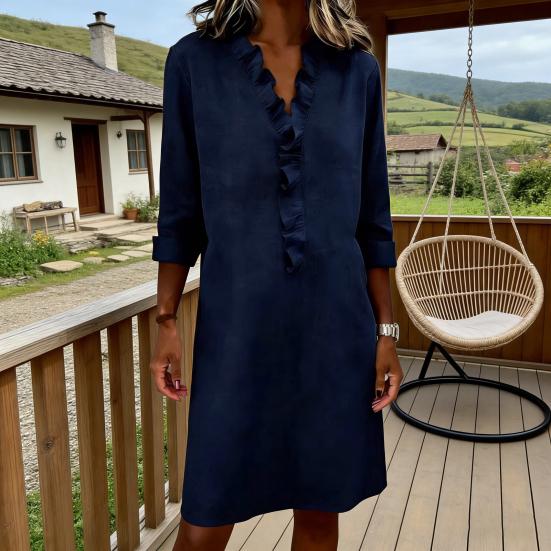 Sommerkleid für Damen Lässig Rüschenbesatz V-Ausschnitt A-Linie Midi-Kleid Langarm Urlaubs-Reise-Outfit mit Taschen