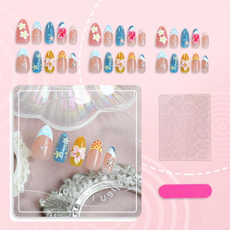 30pcs High-Quality 3D Seashell Carved Nail Tips with Colored Flowers & Rhinestones