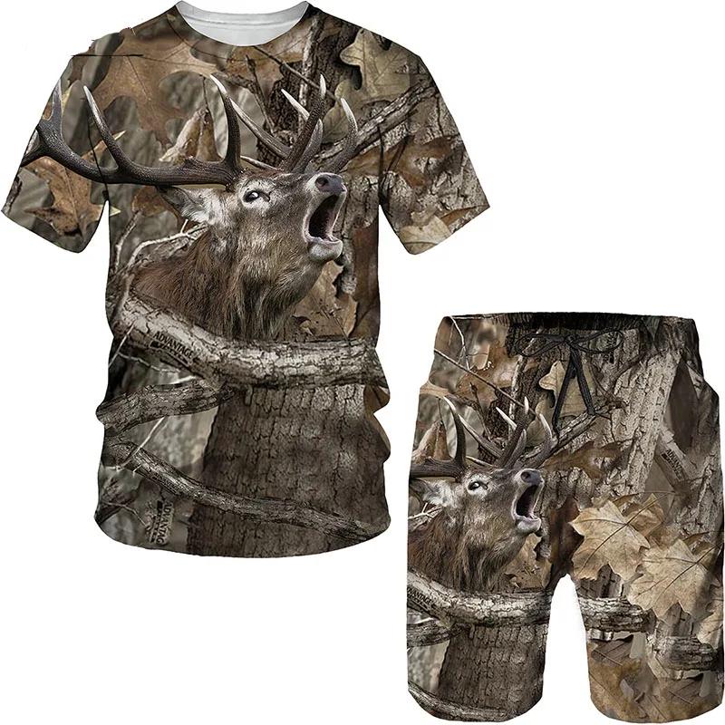 Tier Wildschwein Fuchs 3D-Druck 2-teiliges Set Camouflage Jagd T-Shirt Sets Mode Herren O-Ausschnitt Trainingsanzug Übergroßes Herren Sweatshirt