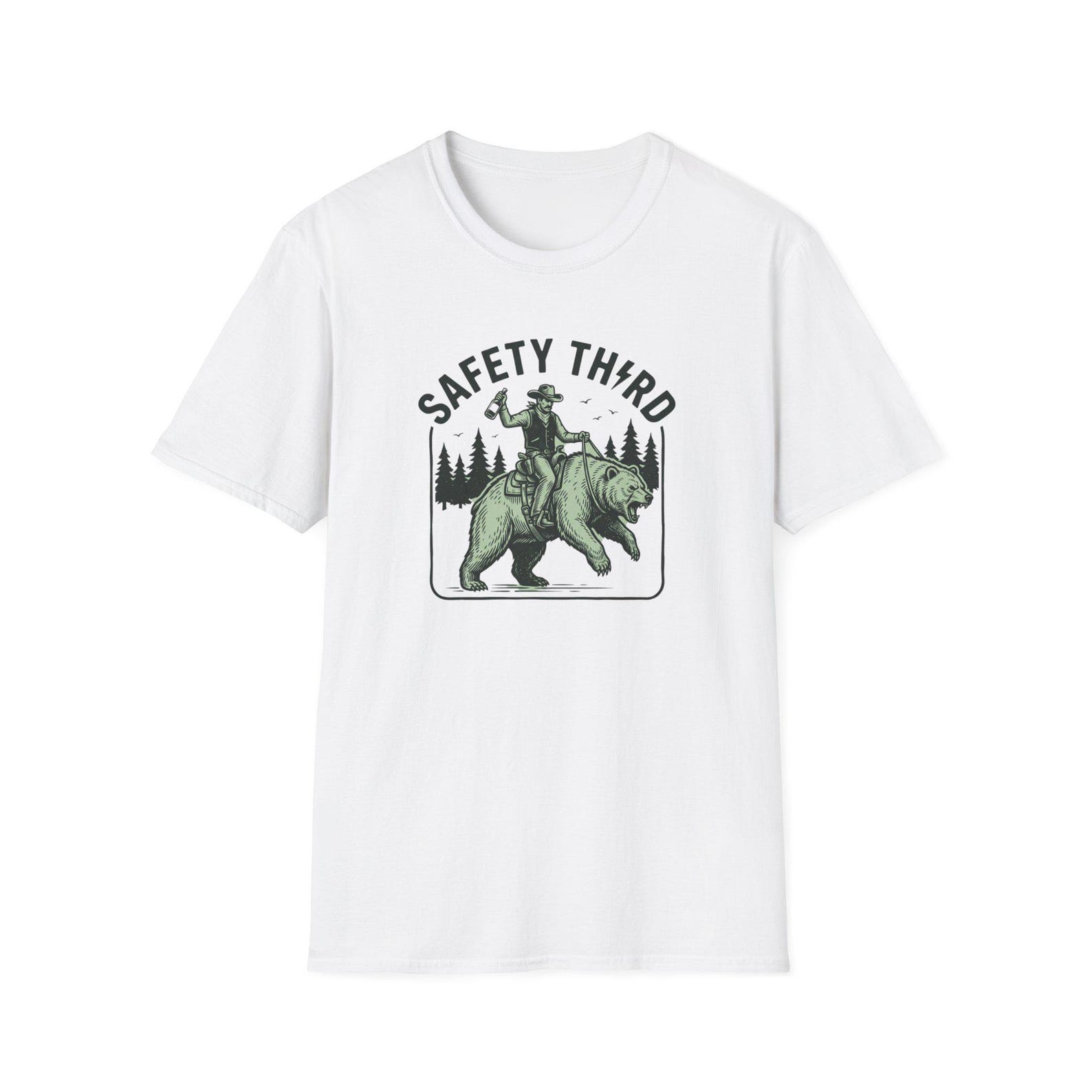 Safety Third Bear Rider T-Shirt | Retro Forest Graphic L