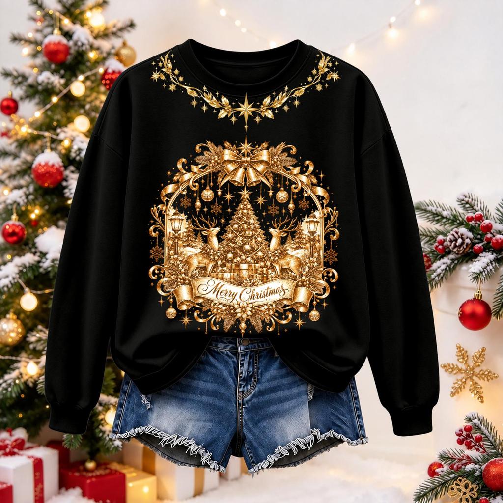 Women's Christmas Print Long Sleeve Top Casual Winter Comfortable Blouse for Holiday Wear