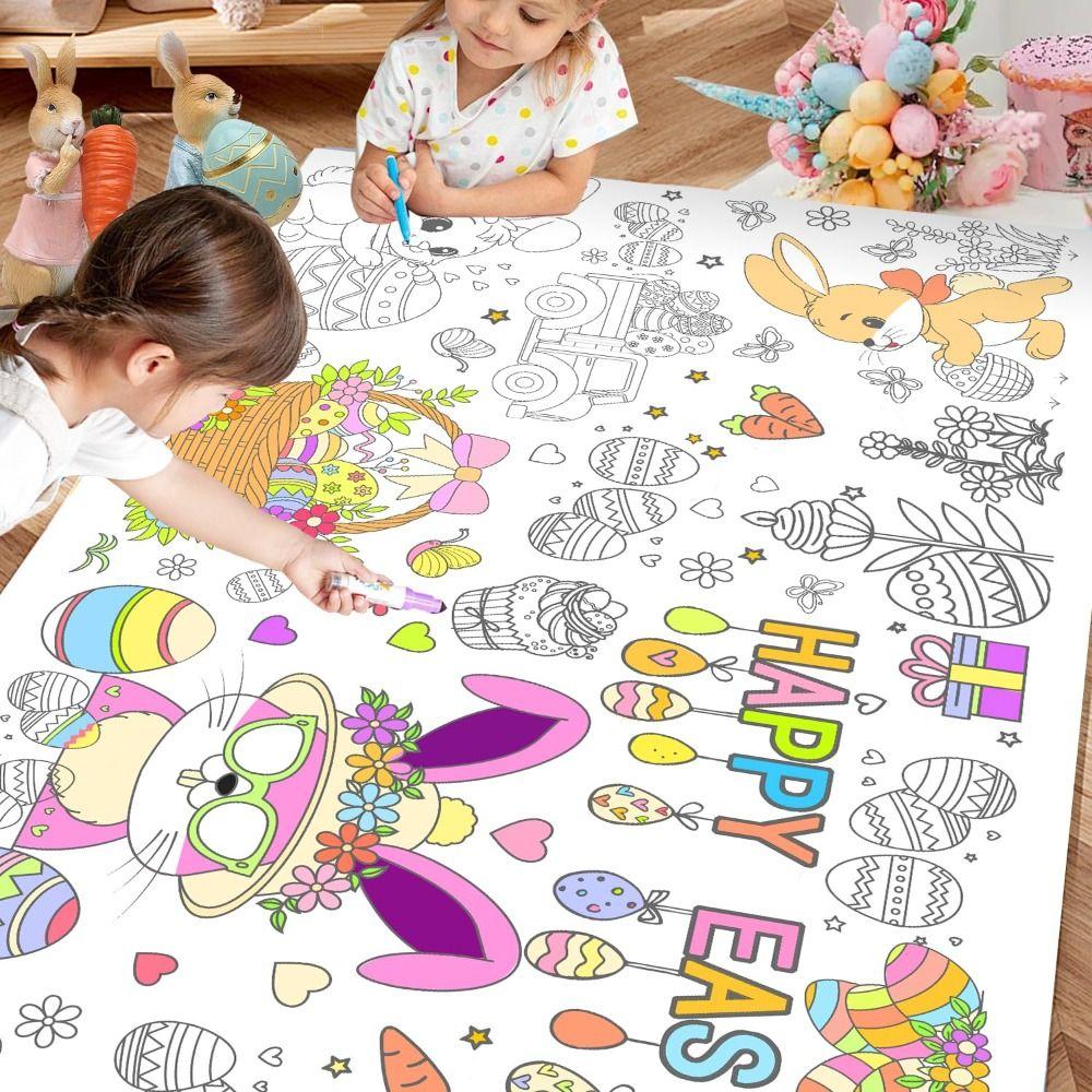 DIY Easter Giant Coloring Poster Cartoon Bunny Doodle Easter Tablecloth Art Craft Gift Jumbo Coloring Banner