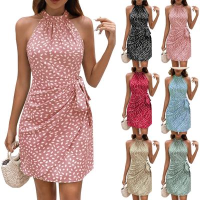 Women's Casual Neck Hanging Zipper Sleeveless Floral Pleated  Short Dress Short Dress