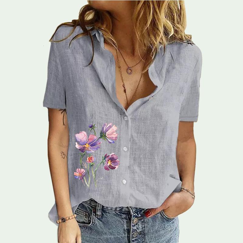 Damenmode Reverskragen T-Shirt Sommer&Herbst Casual Print Kurzarm T-Shirt Top Weibliche Print Bluse Baumwolle Leinen Cardigan T-Shirt