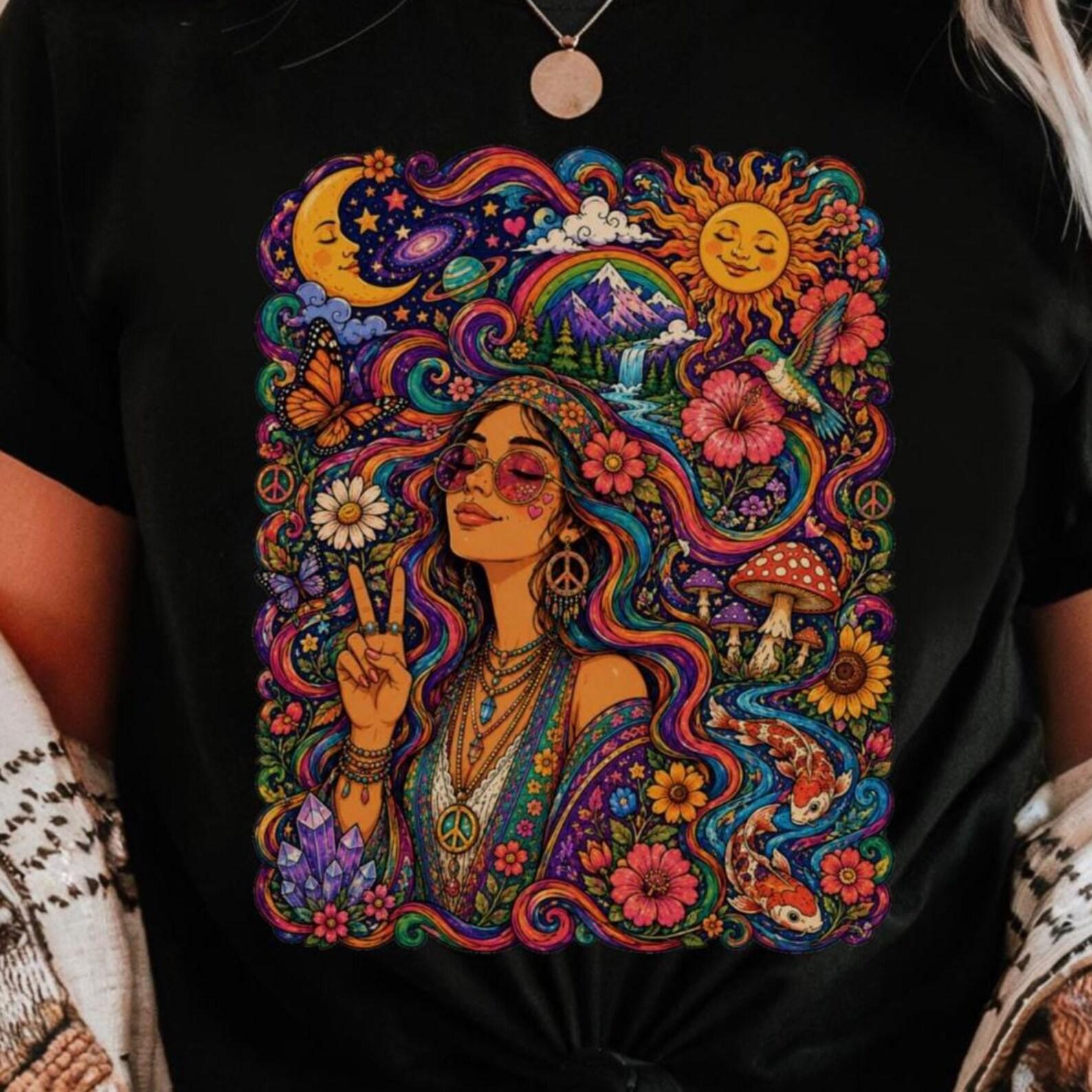 Boho Psychedelic Woman Shirt | Colorful Hippie Art Tee | Festival Outfit | Cosmic Bohemian Graphic XL