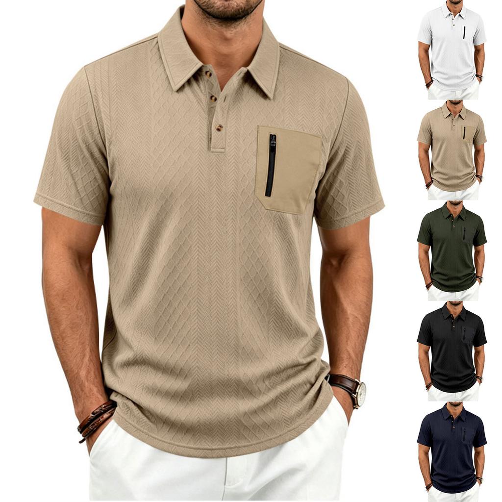 Men's Jacquard Casual Loose Fit Business Short Sleeve Polo Shirt with Collar Pocket and Zipper Detail Suitable for Daily Wear