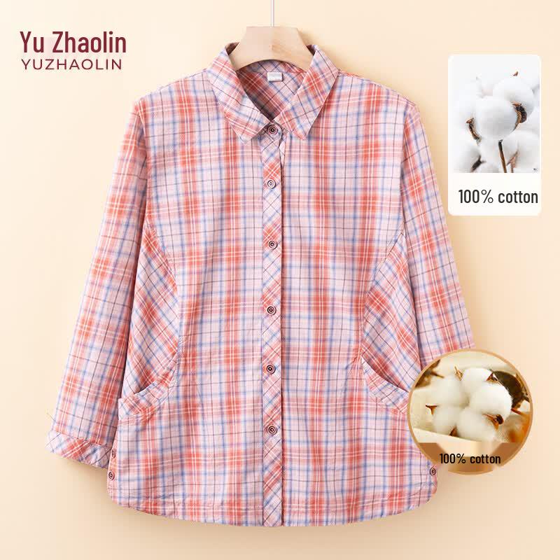Yuzhaolin Women s Cotton Plaid Long Sleeve Shirt 2XL