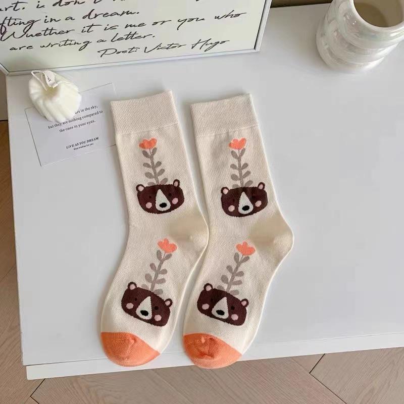 Cute Cartoon Print Women Cotton Socks Spring Autumn Soft Sweet Floral Middle Tube Sock JK Korean Harajuku Girls Socks Sokken
