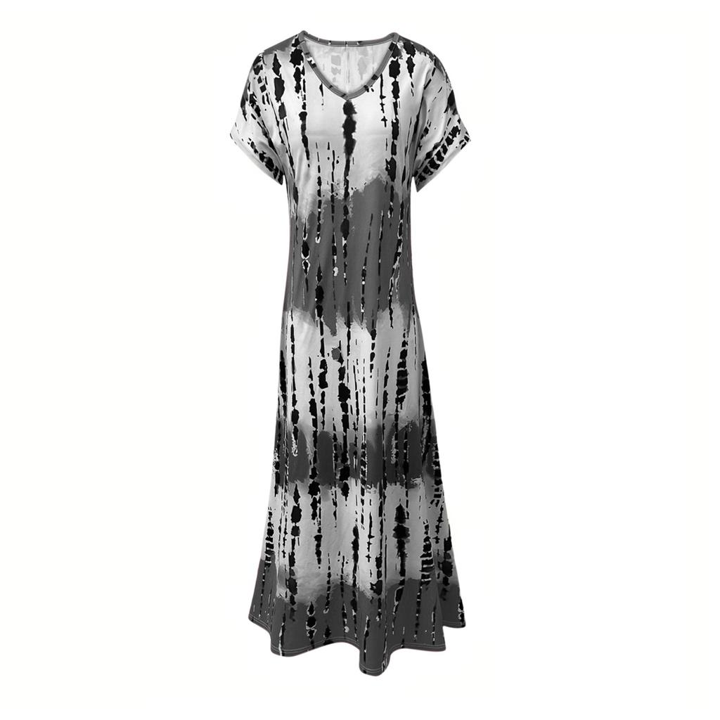Vestido Feminino Estampado da Moda com Decote em V e Manga Curta Solto